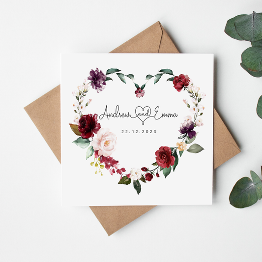 Blush and Burgundy Heart Wreath Personalised Wedding Card