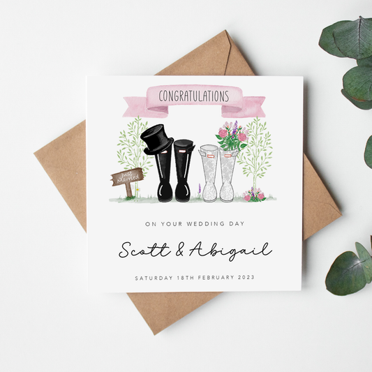 Pink Rustic Wellies Personalised Wedding Card