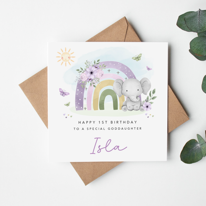 Lilac Rainbow and Elephant Personalised Birthday Card