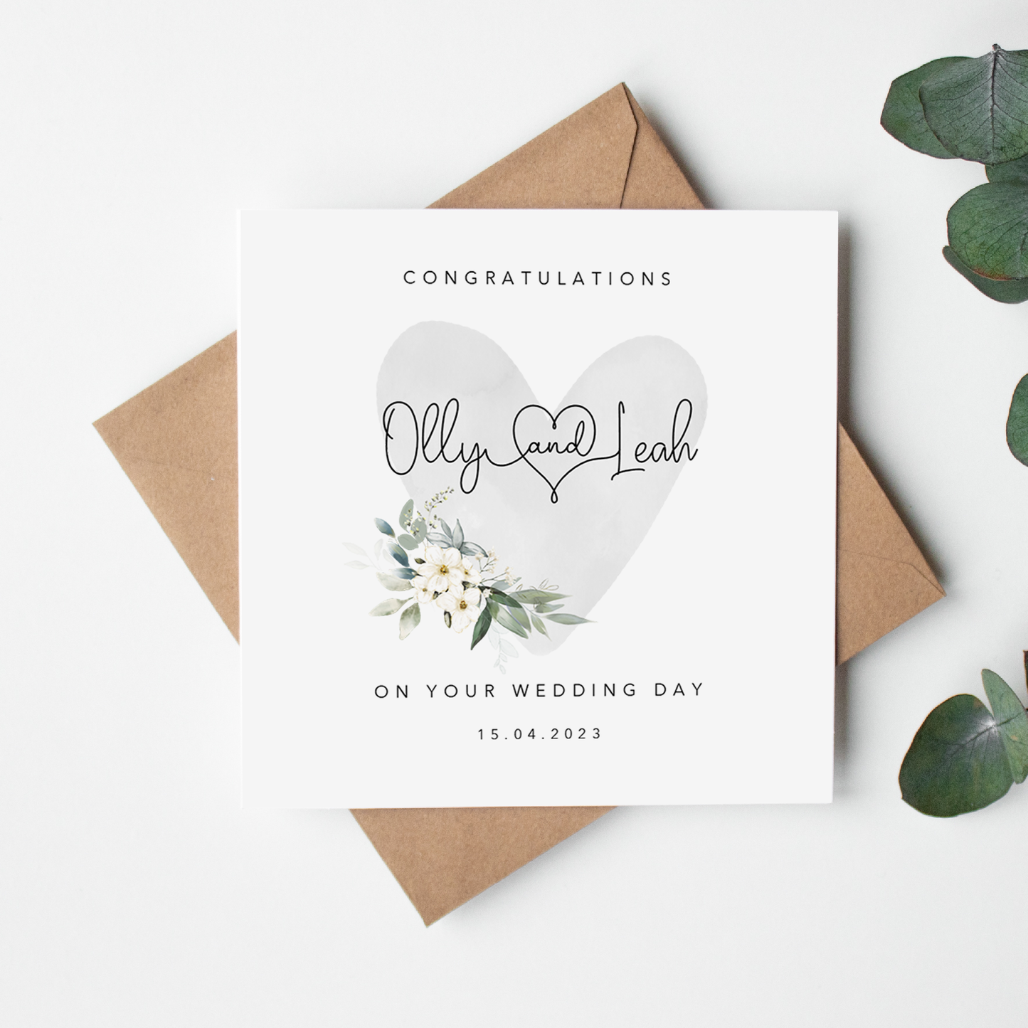 Grey Floral Heart Personalised Wedding Card