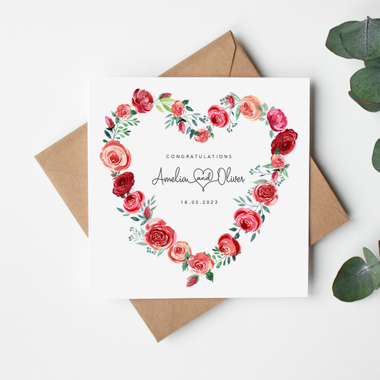 Red Heart Wreath Personalised Wedding Card
