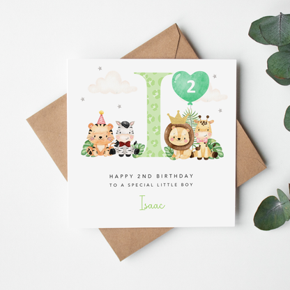 Safari Initial with Balloon Personalised Birthday Card - Green