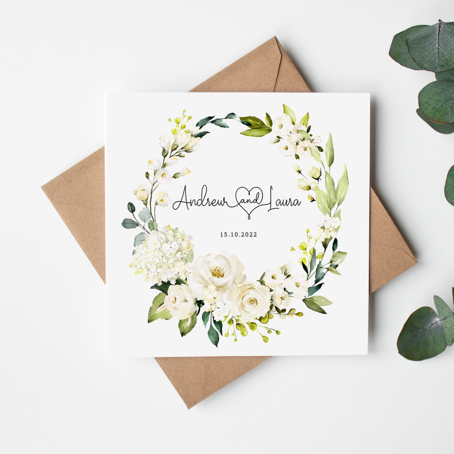 White Roses Wreath Personalised Wedding Card