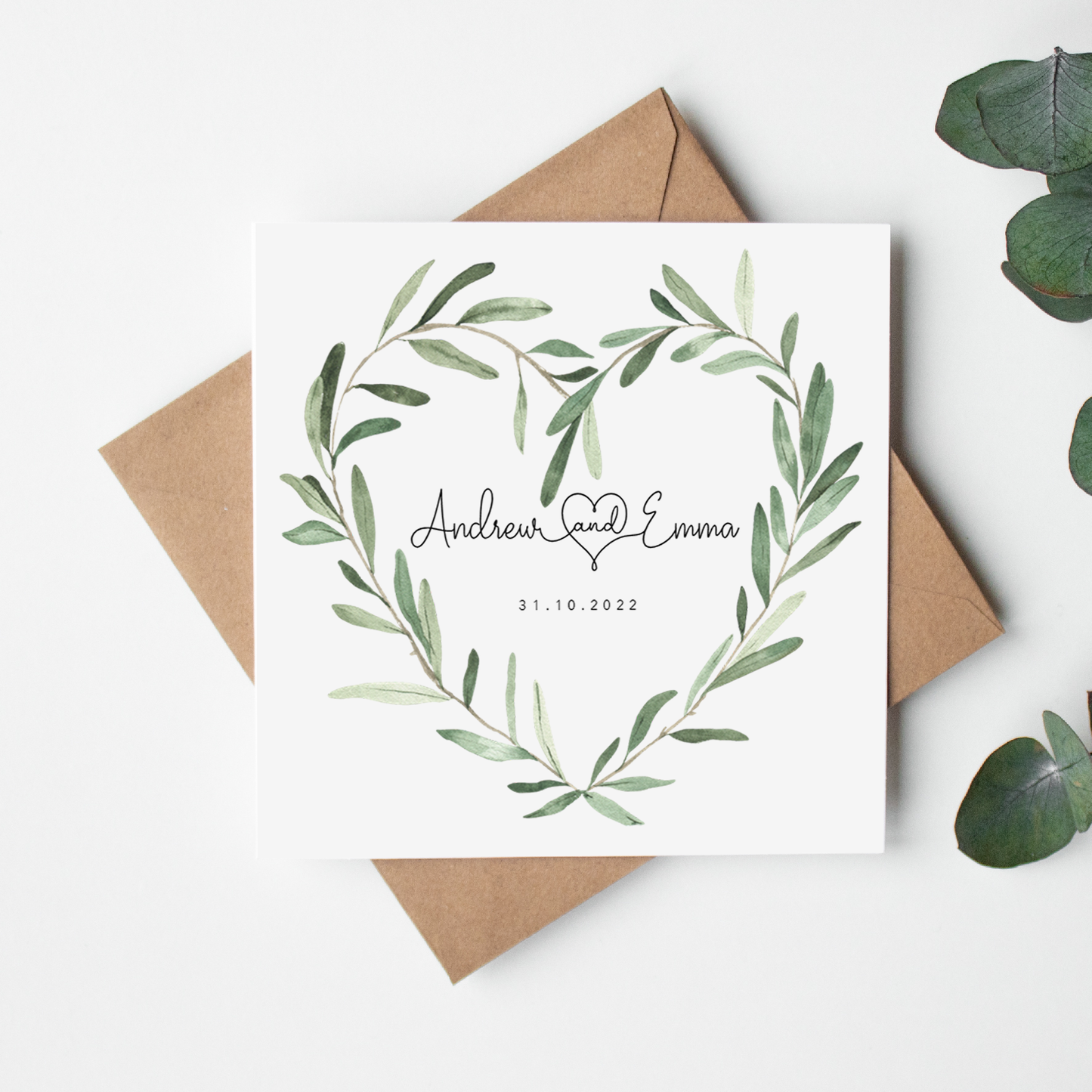 Greenery Heart Personalised Wedding Card