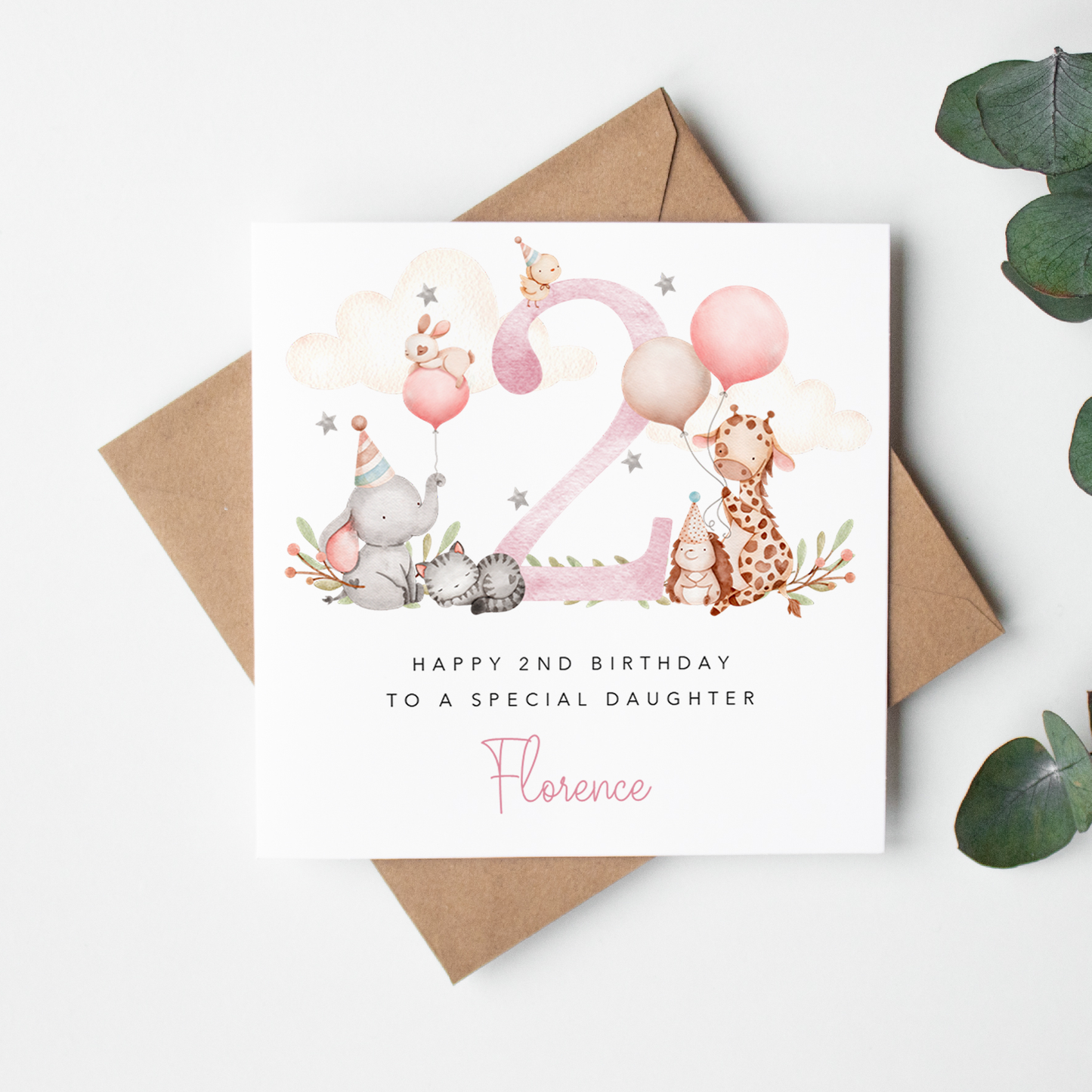 Pink Jungle Animals Personalised Birthday Card