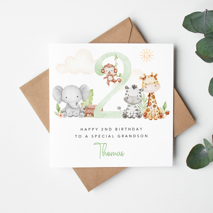 Green Safari Animals Personalised Birthday Card