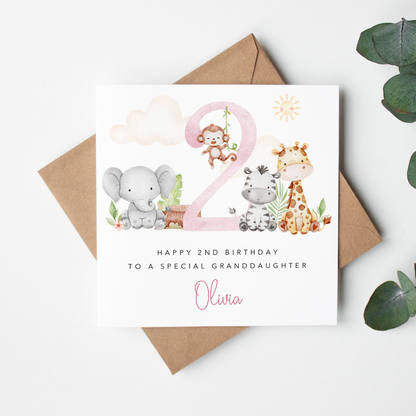 Pink Safari Animals Personalised Birthday Card