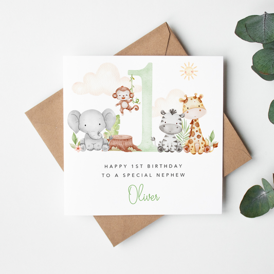 Green Safari Animals Personalised Birthday Card