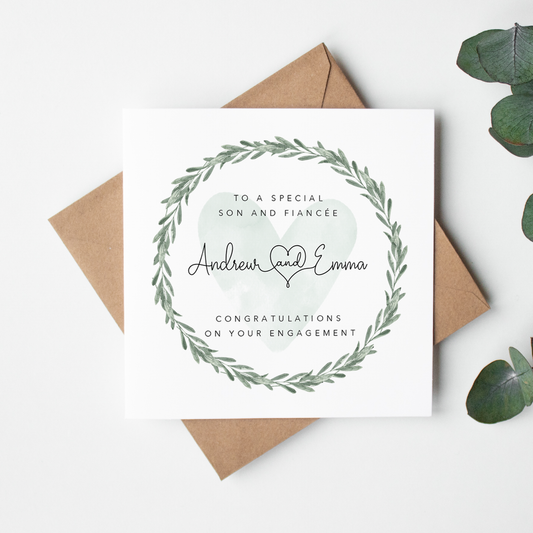 Green Eucalyptus Engagement Card for Son and Fiancee/Fiance