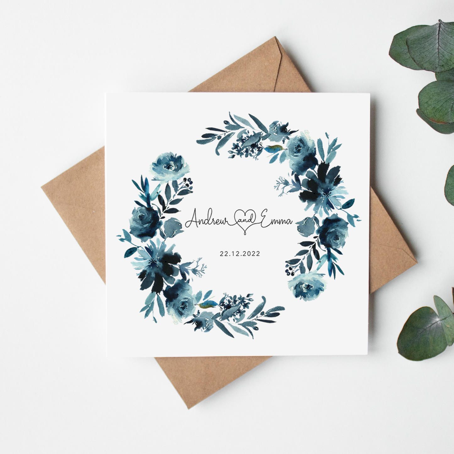 Indigo Floral Wreath Personalised Wedding Card