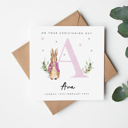 Rabbit Christening Card with Pink Initial
