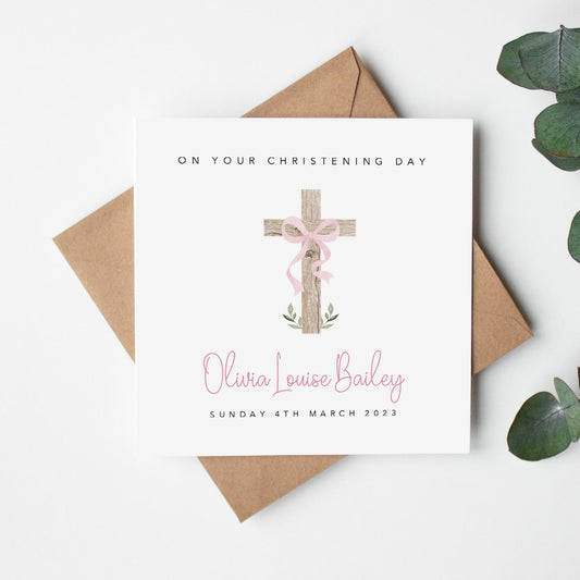 Wooden Cross with Pink Ribbon Christening Card