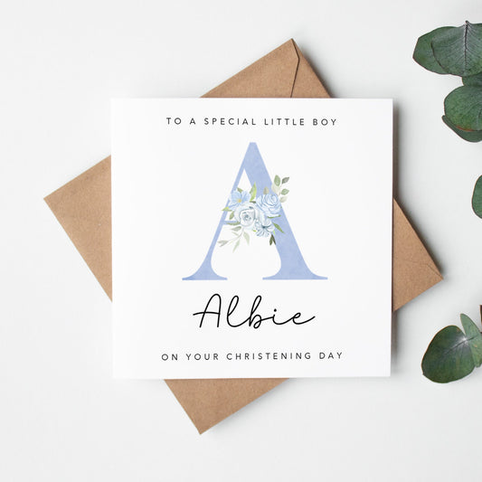 Blue Floral Initial Christening Card