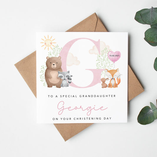 Woodland Animals with Pink Initial Christening Card