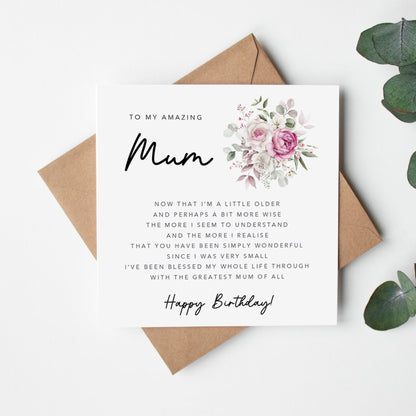 Mum Birthday Card with verse/poem - Blush Floral Bouquet