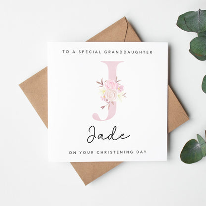 Pink Floral Initial Christening Card