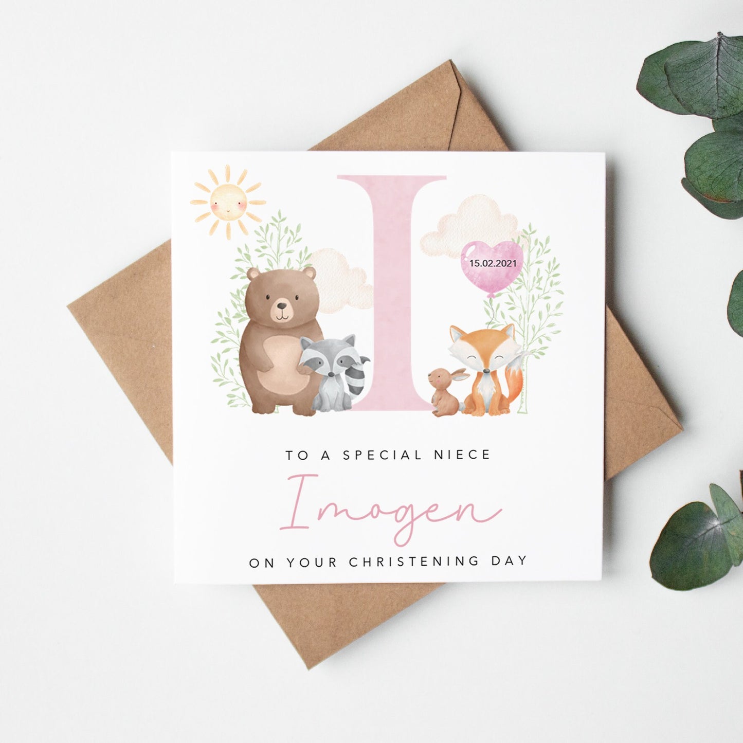 Woodland Animals with Pink Initial Christening Card