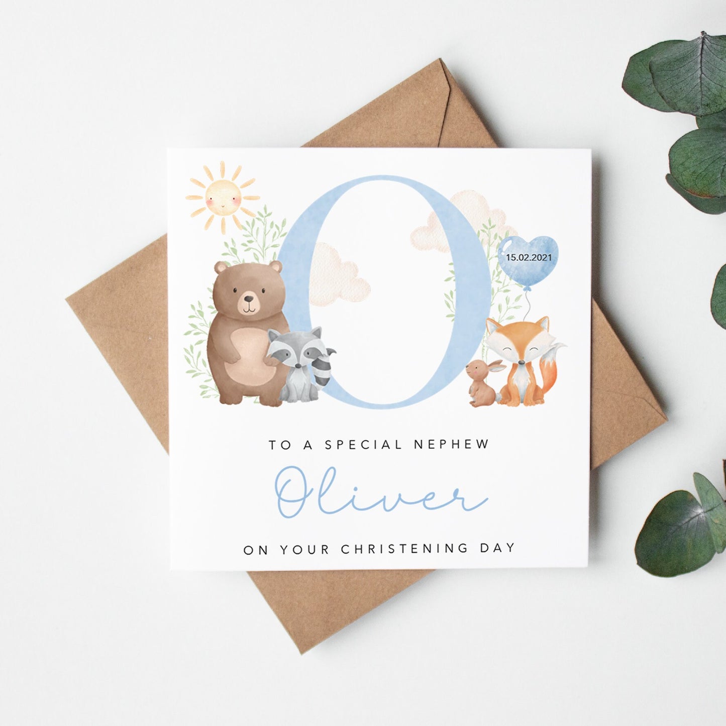 Woodland Animals with Blue Initial Christening Card
