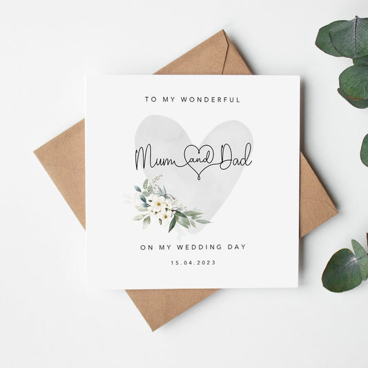 Wedding Card for Mum and Dad - Grey Floral Heart